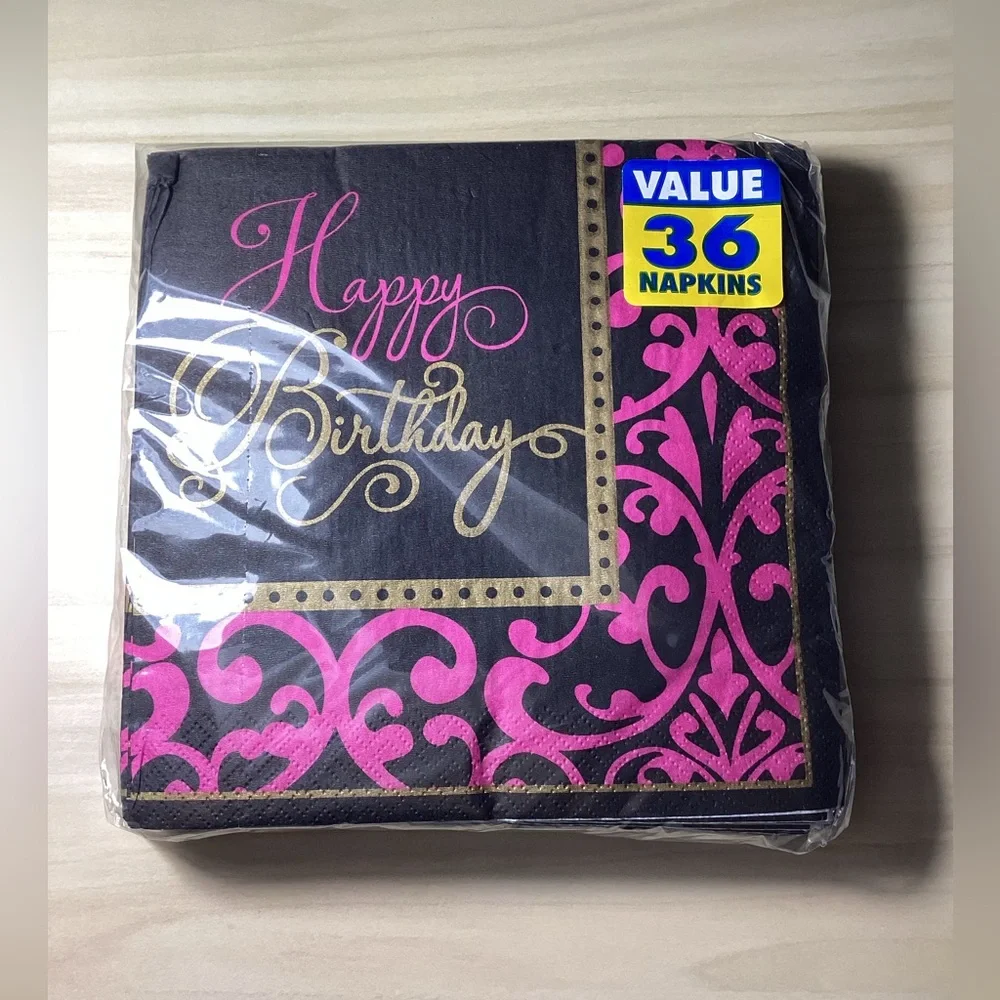 Black and Pink Happy Birthday Plates, Napkins, and Cups Set